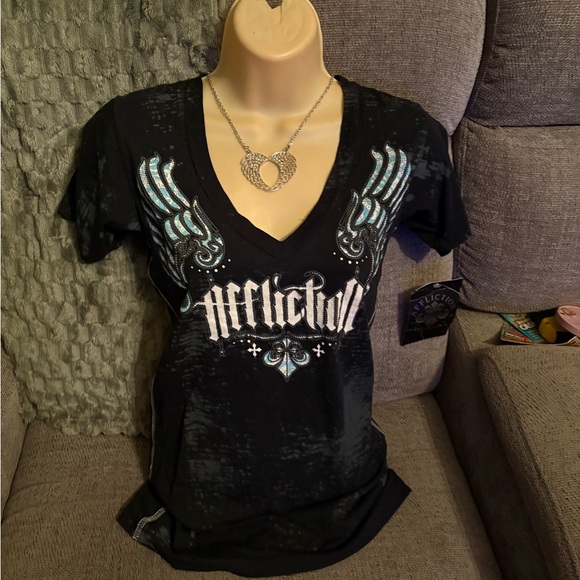 Affliction Women's Black and Blue Winged Tee - Picture 2 of 7